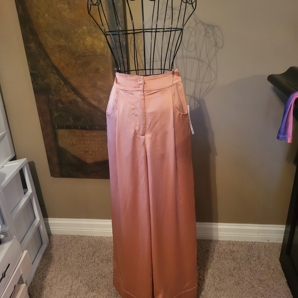Wide Leg Satin Trousers in Dusty Pink
